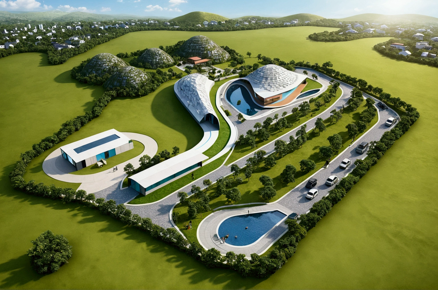 jzcgxl001, aerial view, Station area with many modern houses, (complete landscape layout), flat roof, grass roof, surrounded by ecological natural environment, overall peaceful atmosphere
cinematic photo, (resort planning style), hyperrealistic artï¼professional, 8k, highly detailed ï¼, (architectural design visualization), (reflection), (focus on object), (material normal bump real reflection), (scattered light), (hidden light) (light ray), (multi-beam light), (sunbeam) (multi-level reflection), (day sky background), (corona software visualization render:1.2),(((Best Quality))), ((Masterpiece)), ((best illustration)), ((best shadows)), ((Super Detail)), (Intricate lines), (Photorealism),(hyper detail), ((archdaily)), ((award winning design)), (dynamic light), ((day)), (perfect light), (shimering light), ((photorealistic)), ((intricate detail)), ((extreme detail)), ((science)), ((hyper-detail)), ((super detail)), ((super realistic)), ((crazy detail)), ((octane render)), ((Cinematic)), ((trending on artstation)), ((High-fidelity)), ((Viwvid)), ((Crisp)), ((Bright)), ((Stunning)), ((Eye-catching)), ((High-quality)),((Sharp))((Bright)), ((Stunning)), Natural, ((Eye-catching)), ((Illuminating)), ((Flawless)), ((High-quality)),((Sharp edge render)), ((medium soft lighting)), ((photographic render)), ((detailed archviz))