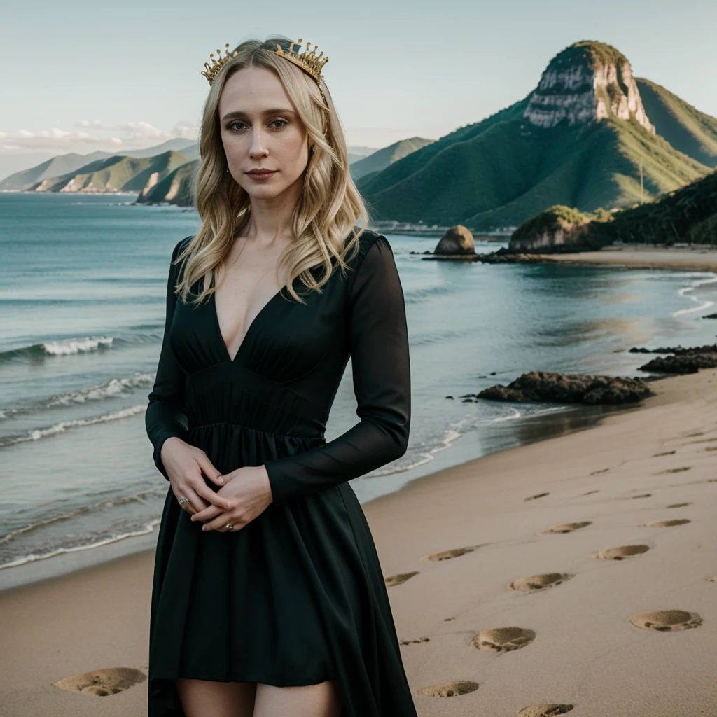 full body of Vera Farmiga with a golden crown, blonde hair, blonde platinum hair, long blonde hair, light blonde hair, pale skin, green eyes, black makeup, gothic dress, black dress, in the background a landscape of Brazil with beach and mountains, at day