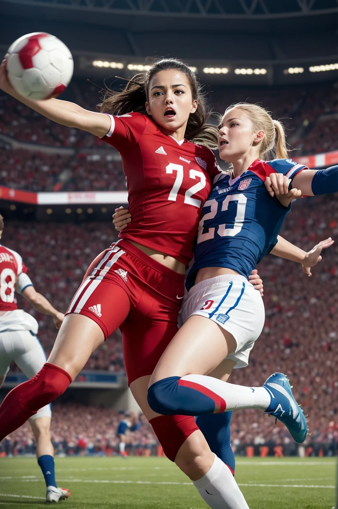 Create an image of two football teams playing against each other in a crowded stadium. One team wears red uniforms and the other, blue uniforms. Capture the action as a red team player kicks the ball towards the goal, while the blue team&#39;s goalkeeper jumps to try to save. The fans in the stands are cheering, with colorful flags and posters.