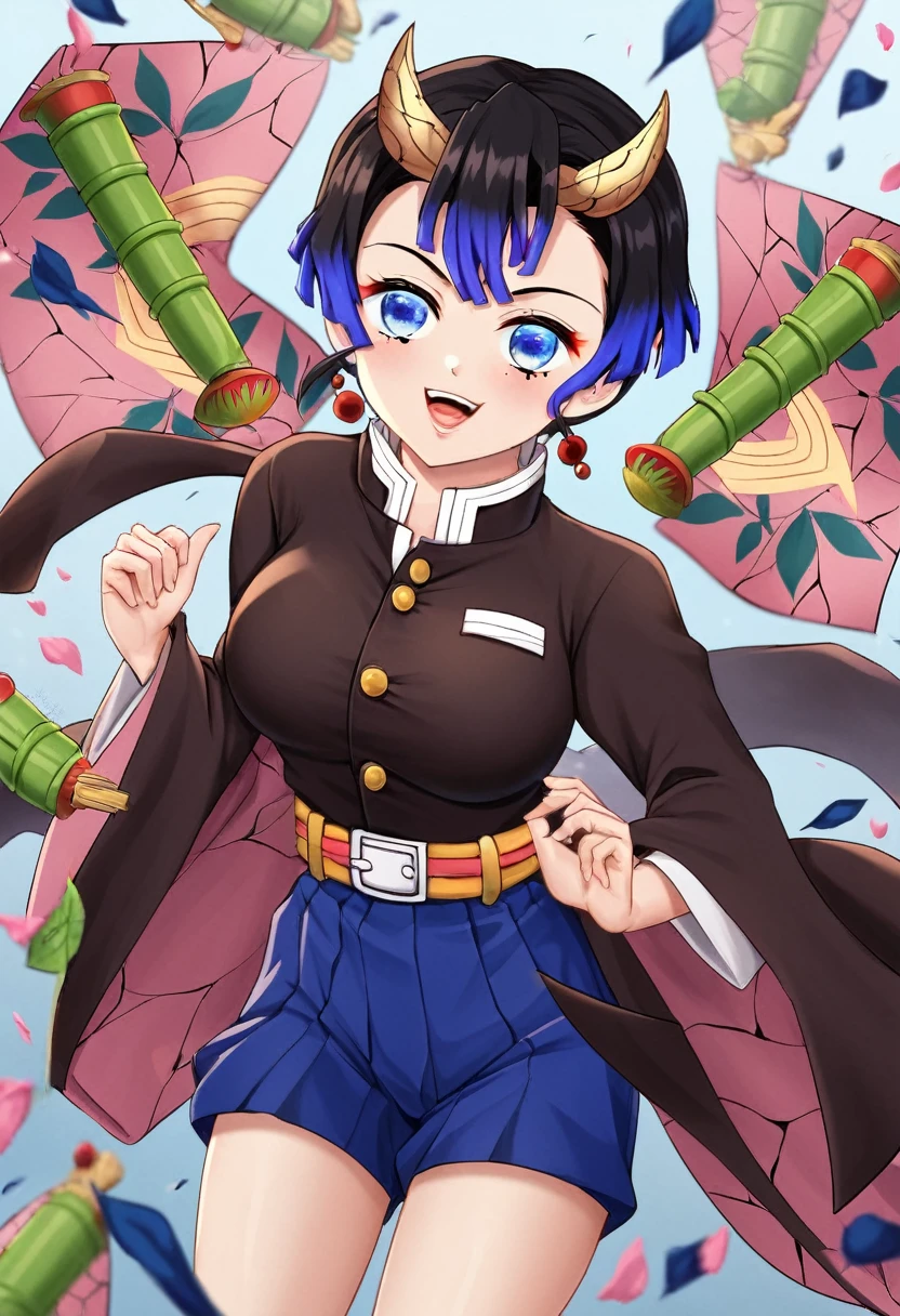 Best quality, Super detailed illustration, Warm colors, perfect lighting, (boy:1.6), (the blue skin:2,6) , short tousled thick hair ,Jiangshi clothing, long sleeves, long skirt with leg cutout on the sides, open legs, Tight-fitting clothing, Guanli hat ,smug smile, Happy , a femboy, small waist, wide hips, slim, Perfect body, full length, tricky glance, Scarlet eyes,black and lilac color of clothes