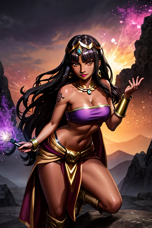 (best quality:1.3), (4K quality),masterpiece, best quality, high res, detailed, (Detailed face:1.2), (Detailed eyes:1.2), (Perfect figure:1.2), Fantasy style, Fantasy environment, solo, 1girl, BREAK 25 year old woman, sorceress, (Dark skin:1.5), (merge Chel with Tharja and Tiona Hiryute), purple hair, wavy hair, long hair, purple eyes, mascaras purple eyeshadow, smile, purple lipstick, covered in tattoos, medium breasts, waist, slender legs, attractive body, slim figure, perfect shape, (Wearing: golden headpiece, golden bracer, golden necklace, purple strapless top, purple loincloth, pelvic curtain, golden armbands, golden knee-high boots:1.3), BREAK highly detailed costume with intricate designs, looking at viewer, she's looking at the camera with an thrilled and confident smile, both hands glowing bright purple, purple magic, bright purple sparks in both hands, expressive expression, dark and mysterious aura, complex eye makeup, mystical energy radiating from her hands, electric purple orbs swirling around her, beautifully contoured face, fierce and confident posture, dark and dramatic lighting, vivid colors, intense purple and magenta color palette, individual spheres spinning at different speeds, translucent orbs emitting purple sparks, tracing of rays throughout the scene, illuminating the woman's silhouette with a mesmerizing glow, breathtaking visual effects, captivating and enchanting portrait, impressive level of detail in the woman's eyes and expression, attention to every intricate detail, BREAK (Night time, outdoors, stone temple, stone structures in the surroundings, dark clouds in the sky, purple lighting, gorgeous view of the mountainous valley)