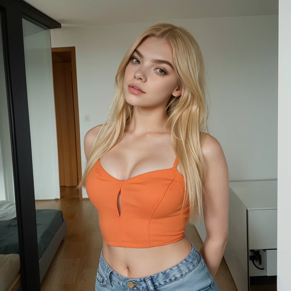 Mujer rubia con orange top y jeans posando para una foto, orange top, wearing a sexy crop top, Anya Taylor joy, Kailee Mandel, a gorgeous rubio, Ava Max, rubio, Anya Taylor-Joy, Anya Taylor - joy, Instagram Template, with long blonde hair, Dua Lipa, sexy girl with long rubio hair, long rubio hair and large eyes