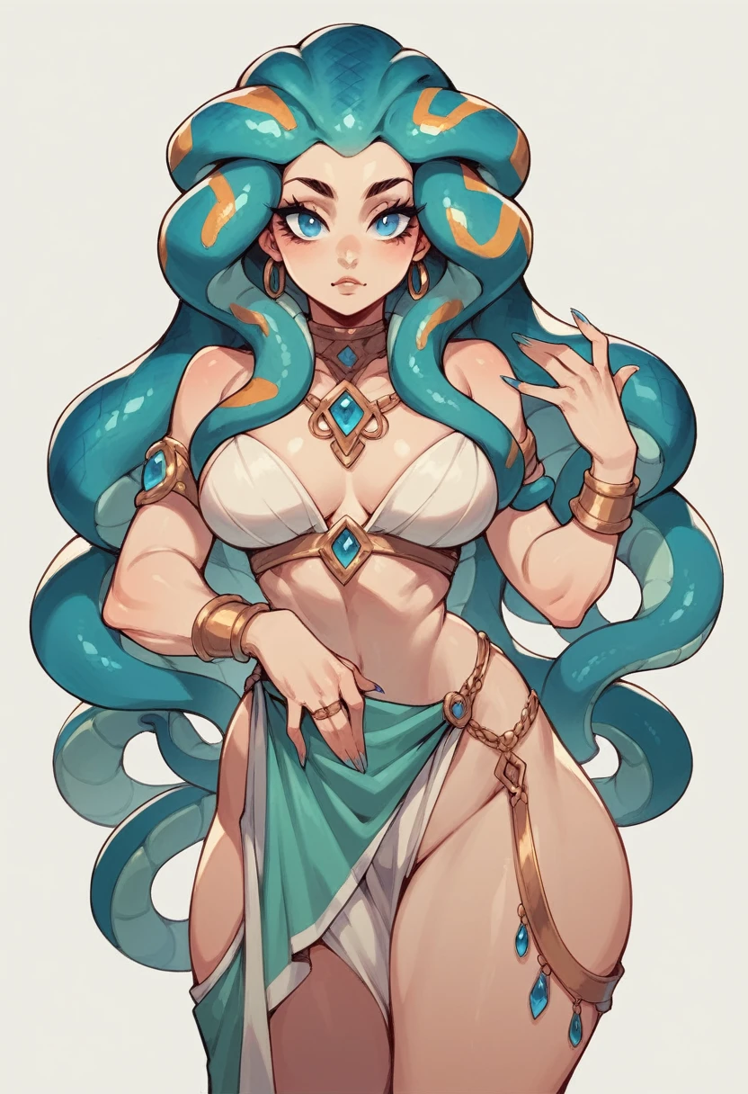 Animated thick thigh lady, snake hair, blue eyes