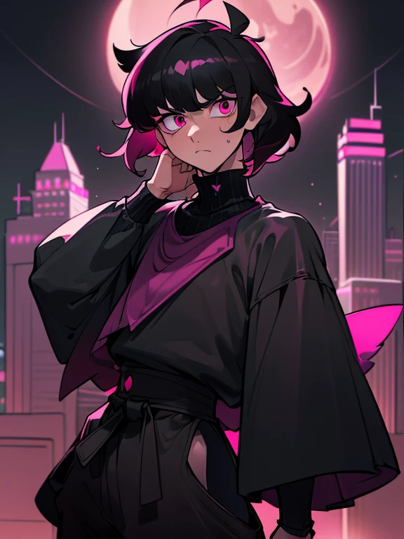 ((highest quality, masterpiece, 4k, finely detailed, detailed eyes, detailed face, intricate details, gelbooru, pixiv)), warm lighting, idol, super idol, super model ((solo)), 1 male, ((male)) (handsome, masculine, adult man, broad shoulders, tall guy, thin body), ((black hair, messy hair, short hair, bangs)), light skin, sharp features, (ears), ((baggy clothes, oversized clothes)), , ((sharp eyes, dark pink eye color, mean expression, looking at viewer)), dynamic pose, city background, night sky, moon night, turtleneck dark pink and black sweater, loose black pants, oversized parka