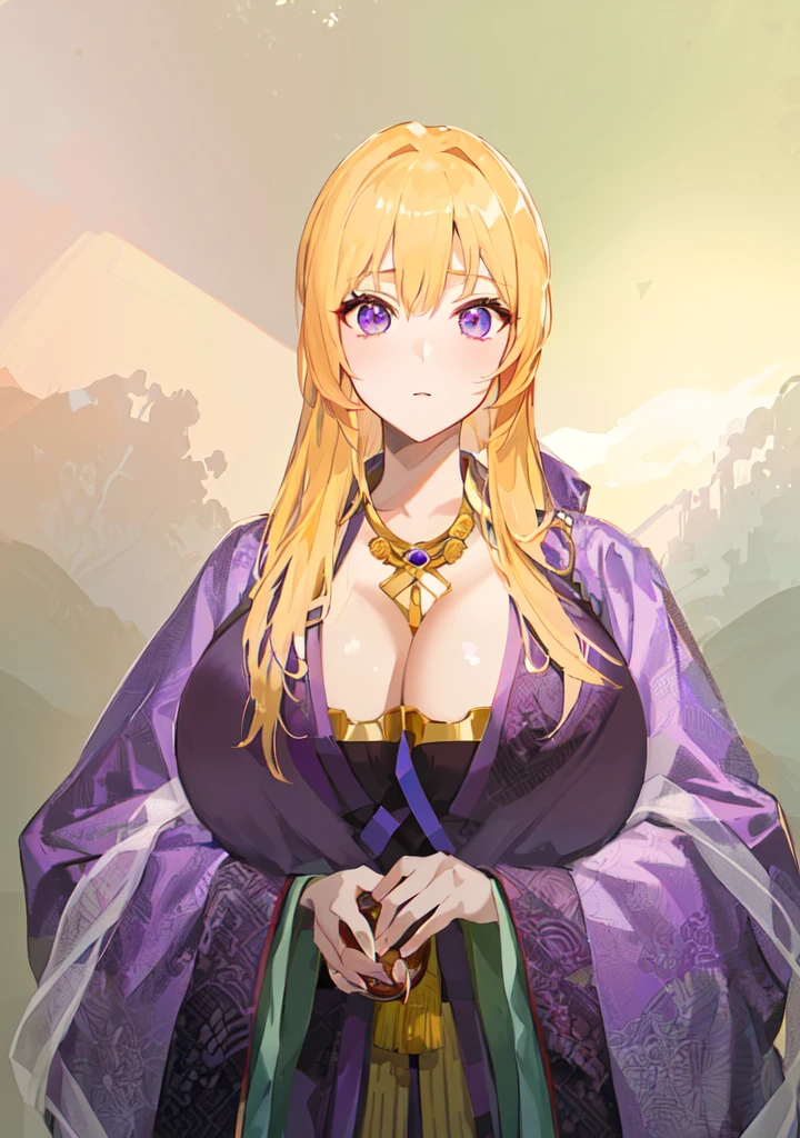 Wearing a purple robe、Cartoon image of a woman holding a bowl, ((Beautiful fantasy queen)), Produced in collaboration with Anime Painter Studio, Anime Goddess, Portrait of the Knights of the Zodiac, (Wearing noble robes)), Anime style like fate/overnight, Beautiful fantasy queen, In the anime painter studio，Three Kingdoms，Three Kingdoms志，Chinese style，antiquity，Hanfu，，巨big乳房，Good shape，Royal sister，Purple Eyes，Celluloid，big，Full figure，Noble，huge ，big ，big boods，sex body，yellow hair，Purple Eyes