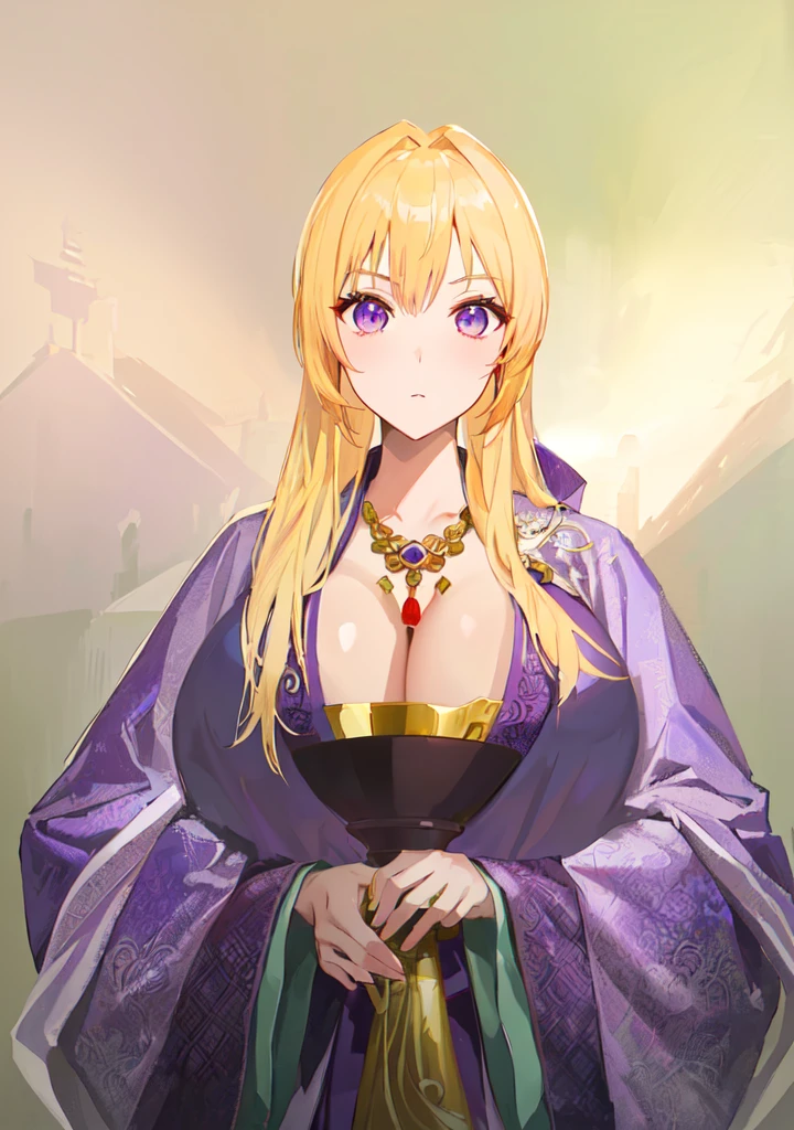Wearing a purple robe、Cartoon image of a woman holding a bowl, ((Beautiful fantasy queen)), Produced in collaboration with Anime Painter Studio, Anime Goddess, Portrait of the Knights of the Zodiac, (Wearing noble robes)), Anime style like fate/overnight, Beautiful fantasy queen, In the anime painter studio,Three Kingdoms,Three Kingdoms志,Chinese style,antiquity,Hanfu,,巨big乳房,Good shape,Royal sister,Purple Eyes,Celluloid,big,Full figure,Noble,huge ,big ,big boods,sex body,yellow hair,Purple Eyes
