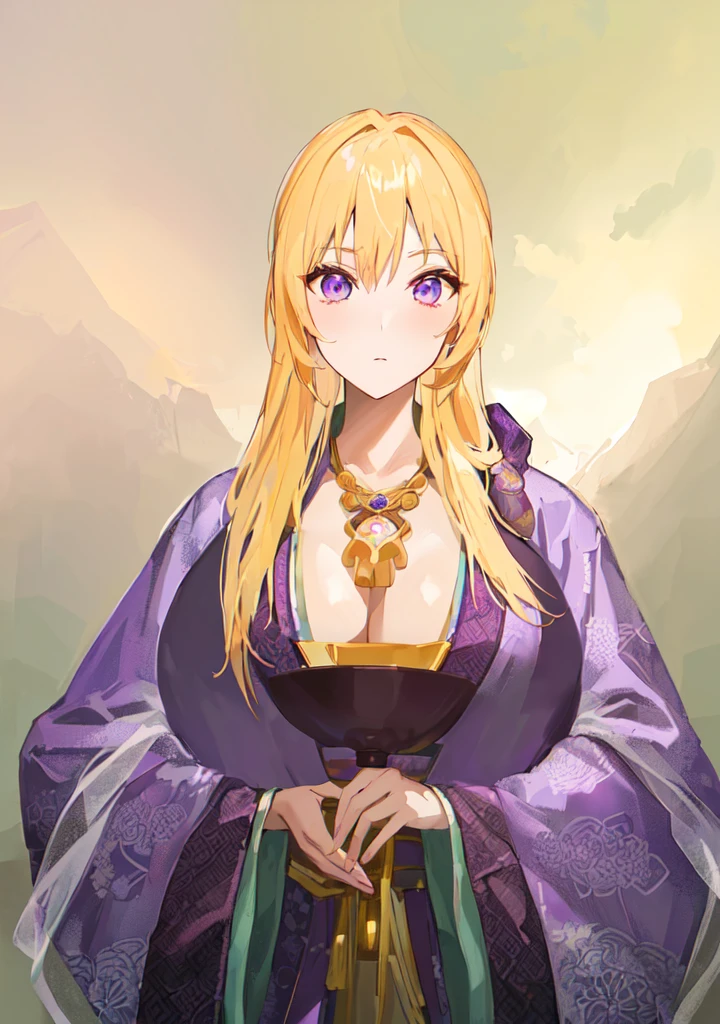 Wearing a purple robe、Cartoon image of a woman holding a bowl, ((Beautiful fantasy queen)), Produced in collaboration with Anime Painter Studio, Anime Goddess, Portrait of the Knights of the Zodiac, (Wearing noble robes)), Anime style like fate/overnight, Beautiful fantasy queen, In the anime painter studio,Three Kingdoms,Three Kingdoms志,Chinese style,antiquity,Hanfu,,巨big乳房,Good shape,Royal sister,Purple Eyes,Celluloid,big,Full figure,Noble,huge ,big ,big boods,sex body,yellow hair,Purple Eyes