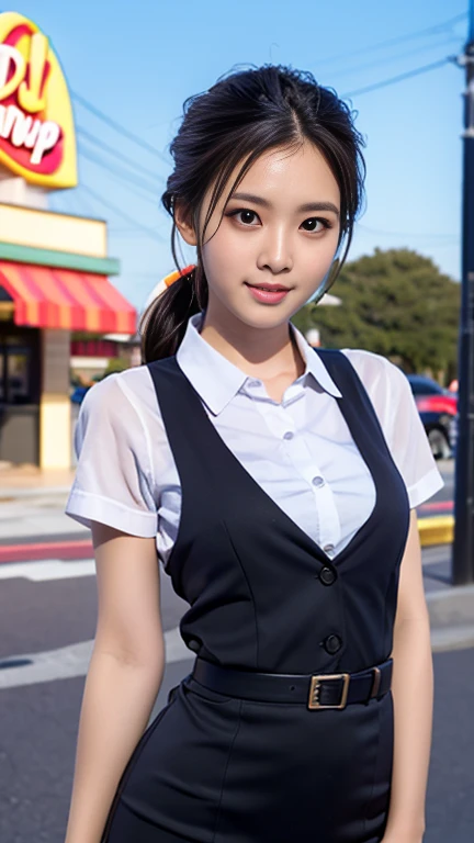 Voyeur、、sunlight、(8K, RAW Photos, 最high quality, masterpiece: 1.2), (Realistic, photoRealistic: 1.37), 1 A woman in a waitress uniform standing on the sidewalk, ,Age 25、 Professional Lighting, 10 head and body,Photon Mapping, , Brazilian women, Torn, 、, Incredibly beautiful face、Playmate proportions、Delivery staff、、,At a fast food restaurant,Carrying tableware、 masterpiece, 最high quality, high quality, High resolution, big , (Face close-up),working at a restaurant、Hair is tied、Updo、Please tie your hair tightly、Slicked back hair、The ultimate revealing outfit、Uncontrollable orgasm、、、In search of pleasure、
