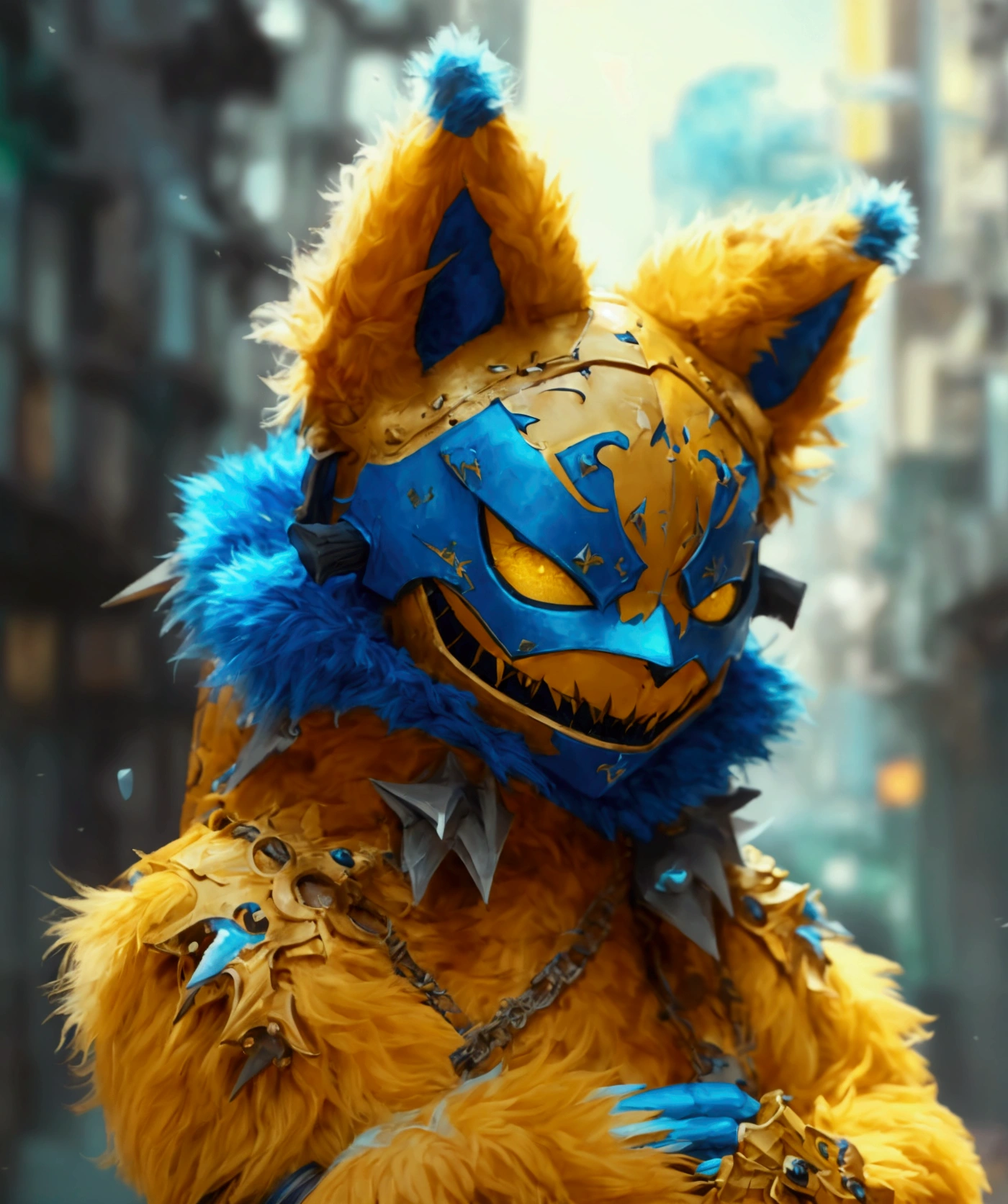 (extremely detailed 8k wallpaper), a medium shot photo of  Grim dressed as a scary masked yellow and blue furry-supervillain in a yellow and blue spiked armour made of fur glowing armour with spikes from marvel, theme, intricate, high detail, dramatic, furry monster and destroyed buildings in the background