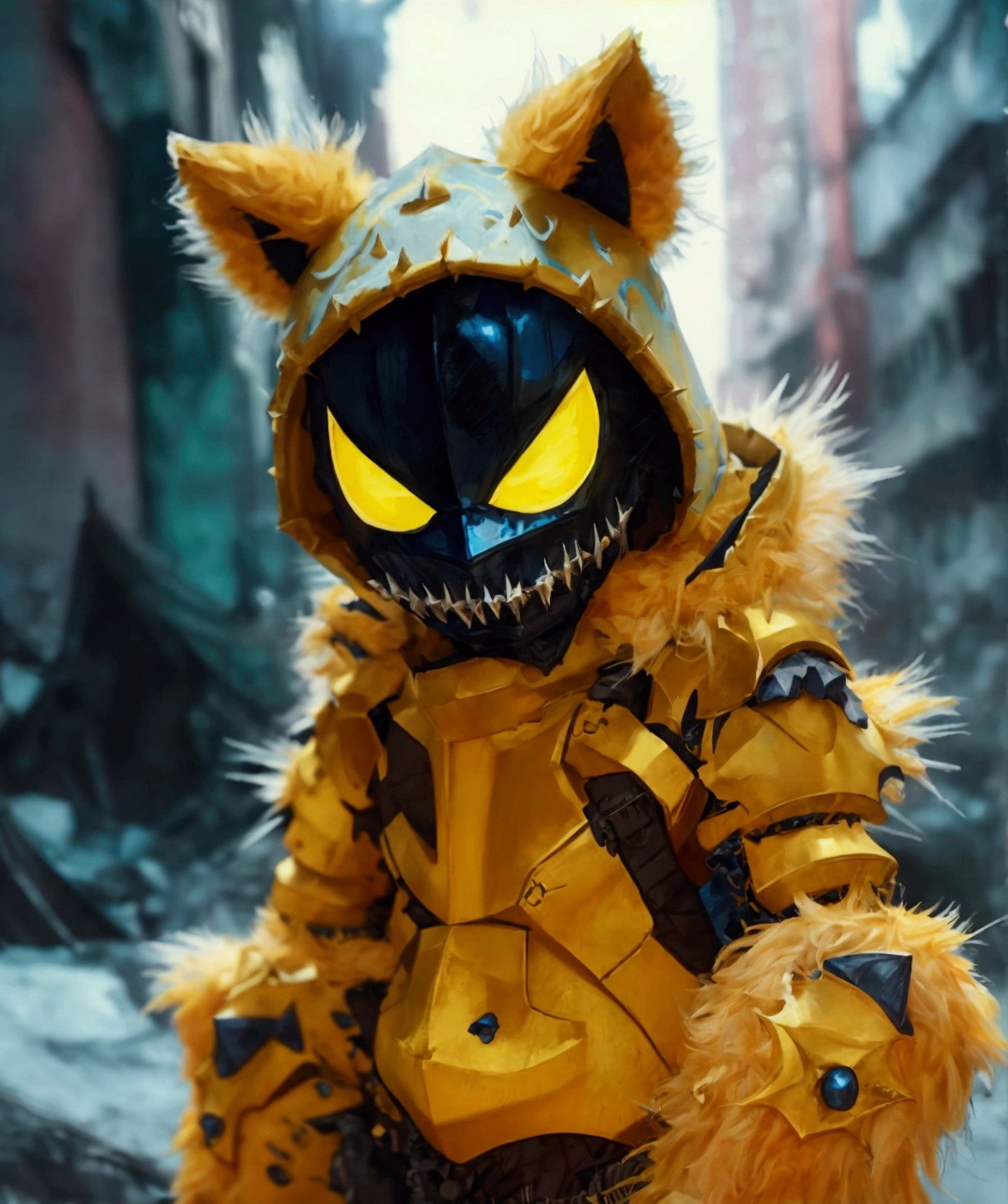 (extremely detailed 8k wallpaper), a medium shot photo of Grim dressed as a scary masked yellow and blue furry-supervillain in a yellow and blue spiked armour made of fur glowing armour with spikes from marvel, theme, intricate, high detail, dramatic, furry monster and destroyed buildings in the background
