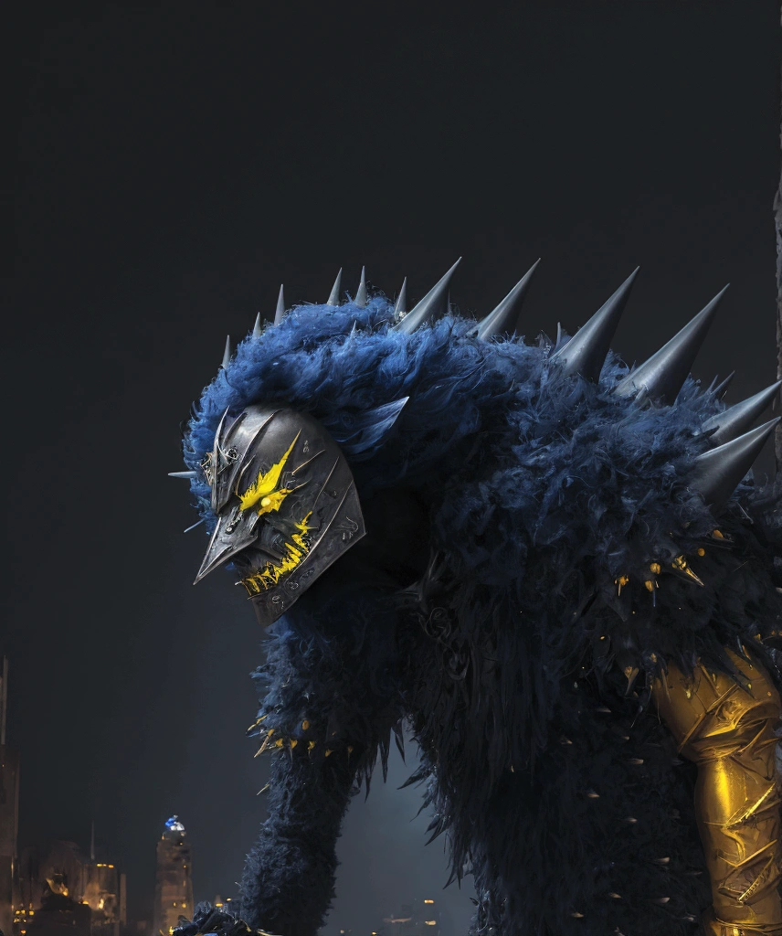 (extremely detailed 8k wallpaper), a medium shot photo of Grim dressed as a scary masked yellow and blue furry-supervillain in a yellow and blue spiked armour made of fur glowing armour with spikes from marvel, theme, intricate, high detail, dramatic, furry monster and destroyed buildings in the background