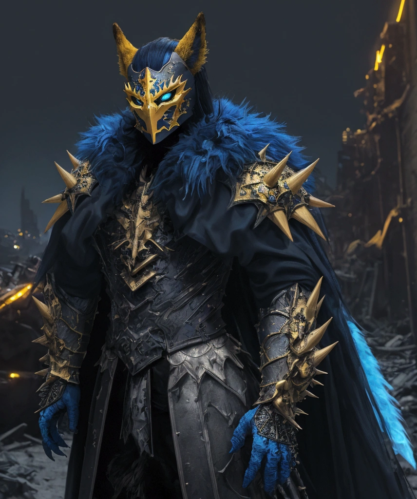 (extremely detailed 8k wallpaper), a medium shot photo of Grim dressed as a scary masked yellow and blue furry-supervillain in a yellow and blue spiked armour made of fur glowing armour with spikes from marvel, theme, intricate, high detail, dramatic, furry monster and destroyed buildings in the background