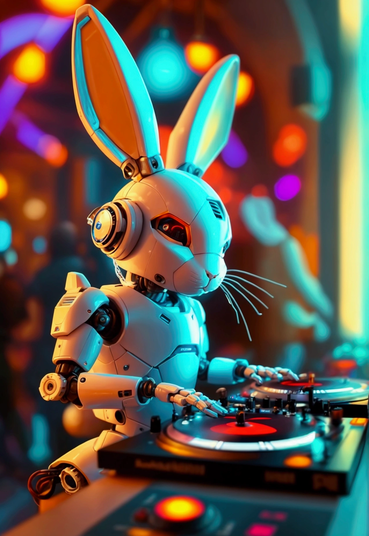 robot rabbit, White color, masculine, humanoid, in a club playing a turntable and dj mixer,