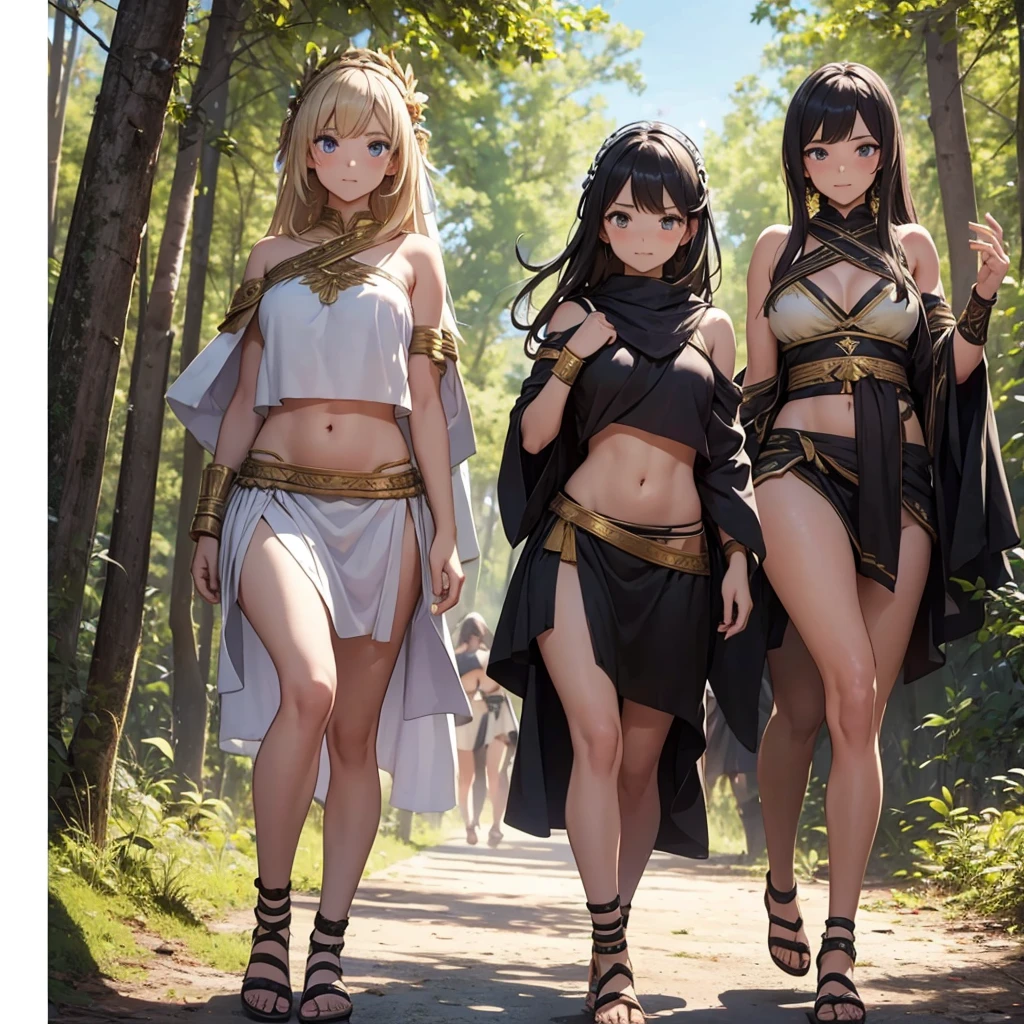 young greek warriors girls in togas , only girls , forest in the background , sandals , sexy, exposed belly, muscular girl, defined abdomen,