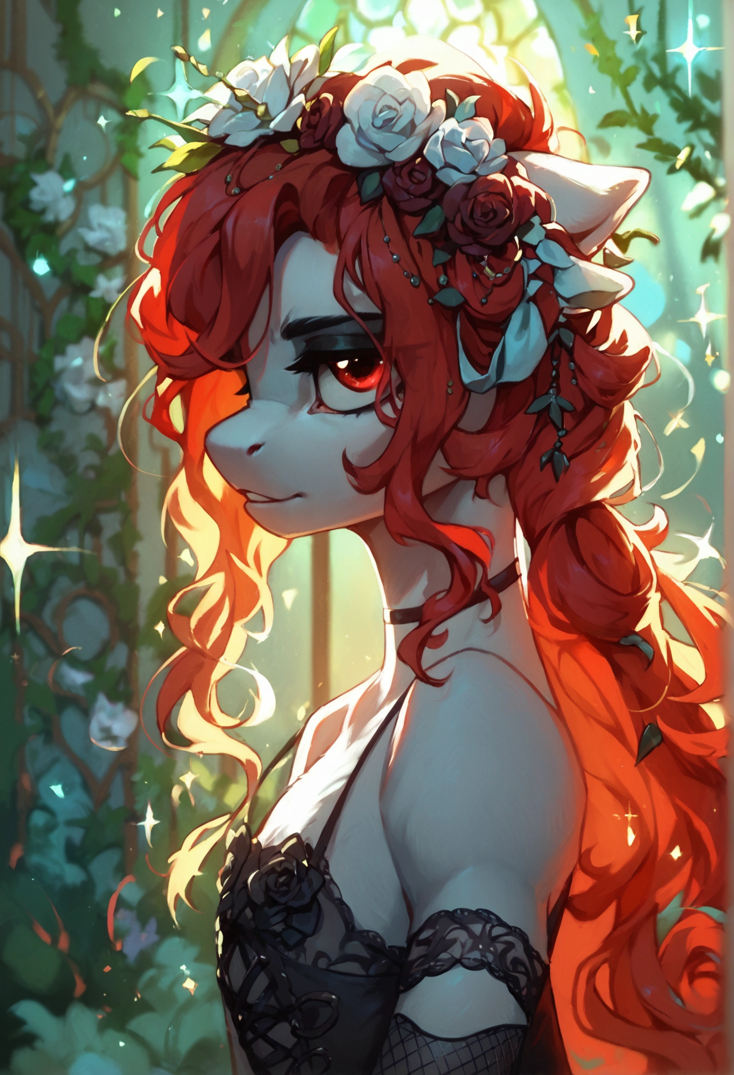 masterpiece, Best quality, antro, Furry, deer, Doe, long eyelashes, plump, big breasts, big butt, Red hair, bob hair, cinematic lighting, Scattered light, a high resolution, high detail, ultra realistic, red face add_detail:1, I sigh through my mouth, Class