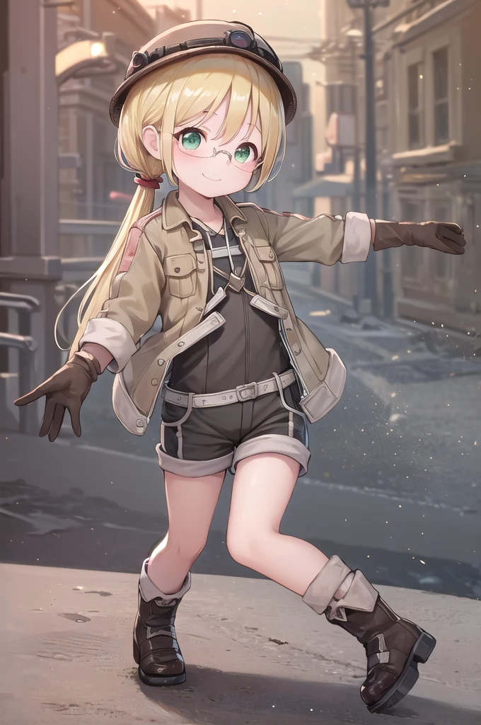 (masterpiece, Highest quality, detailed:1.3),(photograph:1.3), HD transparent background, High detail,cute,One Girl, cute表情, smile,Dynamic pose,Shiny,Particles of light,Multicolored background,View your viewers、Jacket、boots、gloves、hat、Glasses、Blonde、Shorts、Hair tied up、Emerald eyes、Outdoor、dance