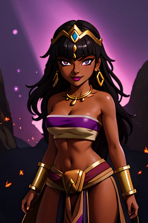 (best quality:1.3), (4K quality),masterpiece, best quality, high res, detailed, (Detailed face:1.2), (Detailed eyes:1.2), (Perfect figure:1.2), Fantasy style, Fantasy environment, solo, 1girl, BREAK 25 year old woman, sorceress, (Dark skin:1.5), (merge Chel with Tharja and Tiona Hiryute), purple hair, wavy hair, long hair, purple eyes, mascaras purple eyeshadow, smile, purple lipstick, covered in tattoos, medium breasts, waist, slender legs, attractive body, slim figure, perfect shape, (Wearing: golden headpiece, golden bracer, golden necklace, purple strapless top, purple loincloth, pelvic curtain, golden armbands, golden knee-high boots:1.3), BREAK highly detailed costume with intricate designs, looking at viewer, she's looking at the camera with an thrilled and confident smile, both hands glowing bright purple, purple magic, bright purple sparks in both hands, expressive expression, dark and mysterious aura, complex eye makeup, mystical energy radiating from her hands, electric purple orbs swirling around her, beautifully contoured face, fierce and confident posture, dark and dramatic lighting, vivid colors, intense purple and magenta color palette, individual spheres spinning at different speeds, translucent orbs emitting purple sparks, tracing of rays throughout the scene, illuminating the woman's silhouette with a mesmerizing glow, breathtaking visual effects, captivating and enchanting portrait, impressive level of detail in the woman's eyes and expression, attention to every intricate detail, BREAK (Night time, outdoors, stone temple, stone structures in the surroundings, dark clouds in the sky, purple lighting, gorgeous view of the mountainous valley)
