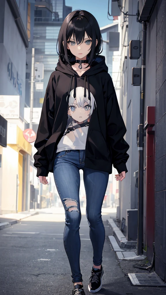 1girl, anime style, skinny body, Anime young girl wearing black hoodie, skinny jeans, black hair, grey blue eyes colour, detailed, 8k, high quality,