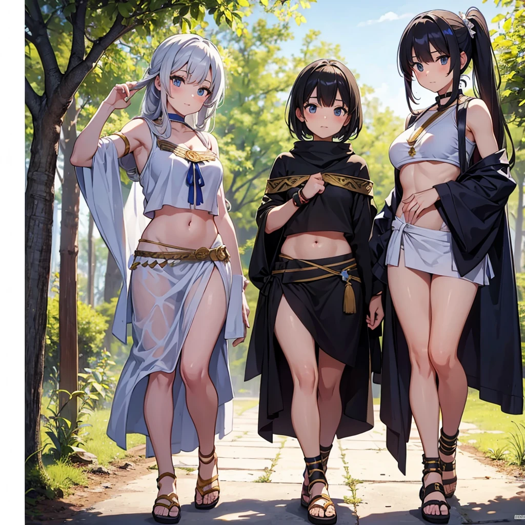 young greek warriors girls in togas , only girls , forest in the background , sandals , sexy, exposed belly, muscular girl, defined abdomen,
