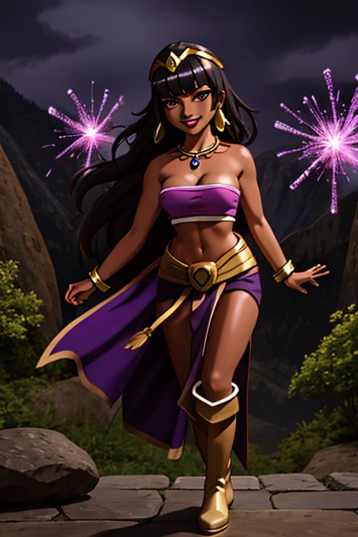 (best quality:1.3), (4K quality),masterpiece, best quality, high res, detailed, (Detailed face:1.2), (Detailed eyes:1.2), (Perfect figure:1.2), Fantasy style, Fantasy environment, solo, 1girl, BREAK 25 year old woman, sorceress, (Dark skin:1.5), (merge Chel with Tharja and Tiona Hiryute), purple hair, wavy hair, long hair, purple eyes, mascaras purple eyeshadow, smile, purple lipstick, covered in tattoos, medium breasts, waist, slender legs, attractive body, slim figure, perfect shape, (Wearing: golden headpiece, golden bracer, golden necklace, purple strapless top, purple loincloth, pelvic curtain, golden armbands, golden knee-high boots:1.3), BREAK highly detailed costume with intricate designs, looking at viewer, she's looking at the camera with an thrilled and confident smile, both hands glowing bright purple, purple magic, bright purple sparks in both hands, expressive expression, dark and mysterious aura, complex eye makeup, mystical energy radiating from her hands, electric purple orbs swirling around her, beautifully contoured face, fierce and confident posture, dark and dramatic lighting, vivid colors, intense purple and magenta color palette, individual spheres spinning at different speeds, translucent orbs emitting purple sparks, tracing of rays throughout the scene, illuminating the woman's silhouette with a mesmerizing glow, breathtaking visual effects, captivating and enchanting portrait, impressive level of detail in the woman's eyes and expression, attention to every intricate detail, BREAK (Night time, outdoors, stone temple, stone structures in the surroundings, dark clouds in the sky, purple lighting, gorgeous view of the mountainous valley)
