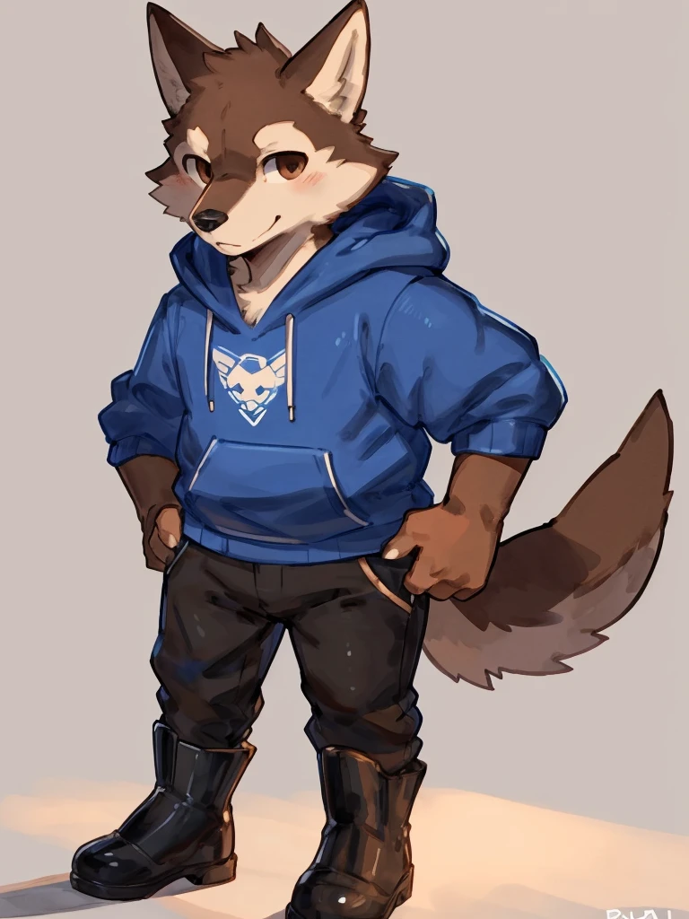 ((Best quality, masterpiece, detailed anatomy, detailed eyes, detailed hands, perfect lighting, perfect shading.)), by Buta99, by Zackary911, 1male, Wolf, brown furs, tight body, dark brown eyes, skinny chub body, young body, blue sleeveless hoodie, black pants, brown boots, at the white background 