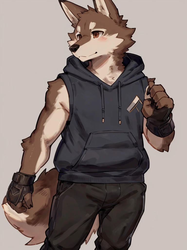 ((Best quality, masterpiece, detailed anatomy, detailed eyes, detailed hands, perfect lighting, perfect shading.)), by Buta99, by Zackary911, 1male, Wolf, brown furs, tight body, dark brown eyes, skinny chub body, young body, blue sleeveless hoodie, black pants, brown boots, at the white background