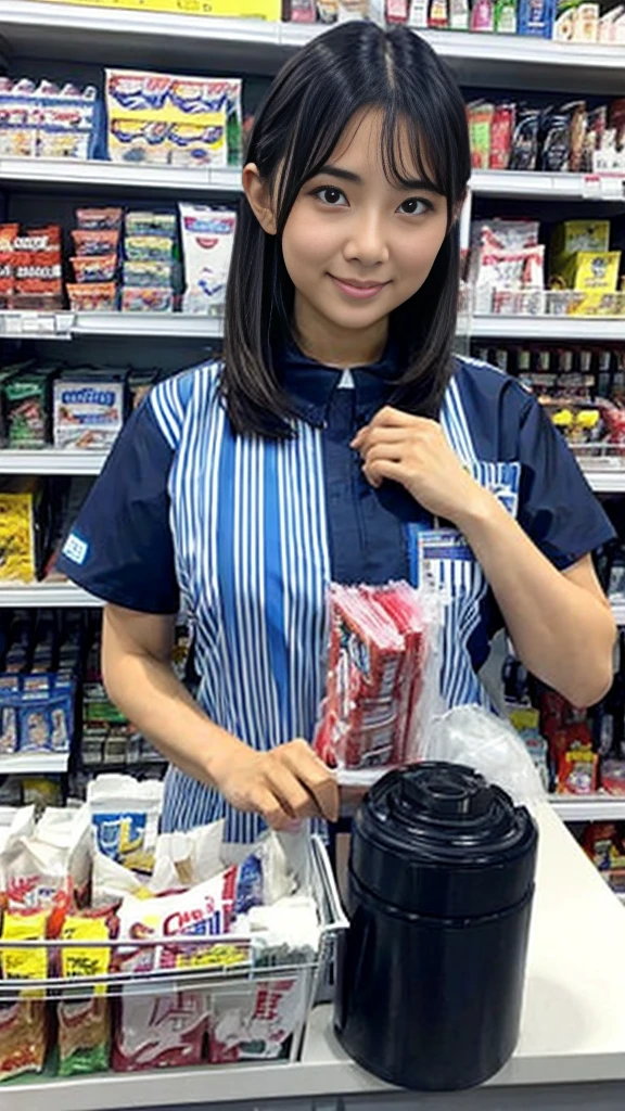 Close-up: A beautiful woman with huge breasts is serving customers at the cash register of a convenience store