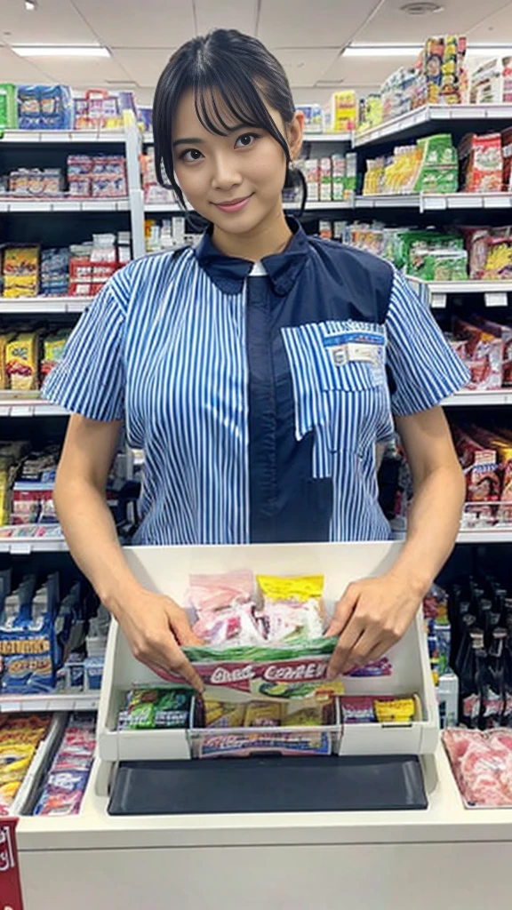 Close-up: A beautiful woman with huge breasts is serving customers at the cash register of a convenience store