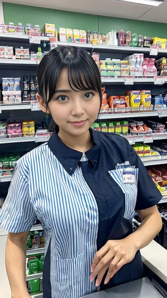 Close-up: A beautiful woman with huge breasts is serving customers at the cash register of a convenience store