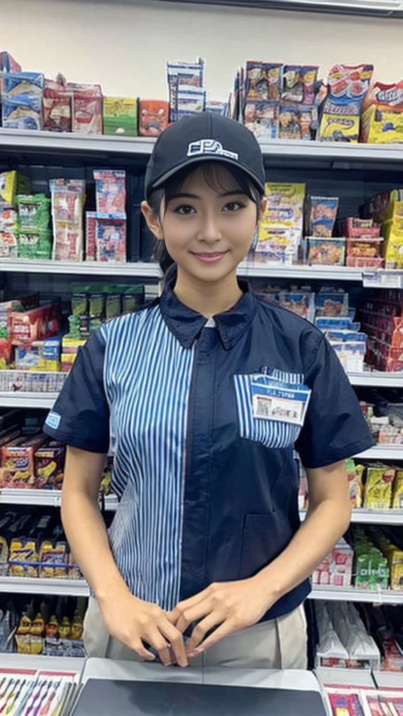 Close-up: A beautiful woman with huge breasts is serving customers at the cash register of a convenience store