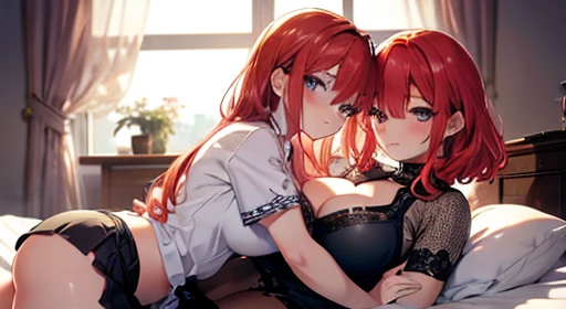 2 Girls, posing for a photo on the bed, Embrace each other, Big, I can see her cleavage, (Redhead), Blushed, See-through pants are visible, breastplate, mini skirt, Large Breasts, Pixiv, Anime Girls, Captivating smile, (Beautiful attention to detail:1.6), Highly detailed face, Perfect lighting, A highly detailed anime illustration, (Perfect hands, Perfect Anatomy),