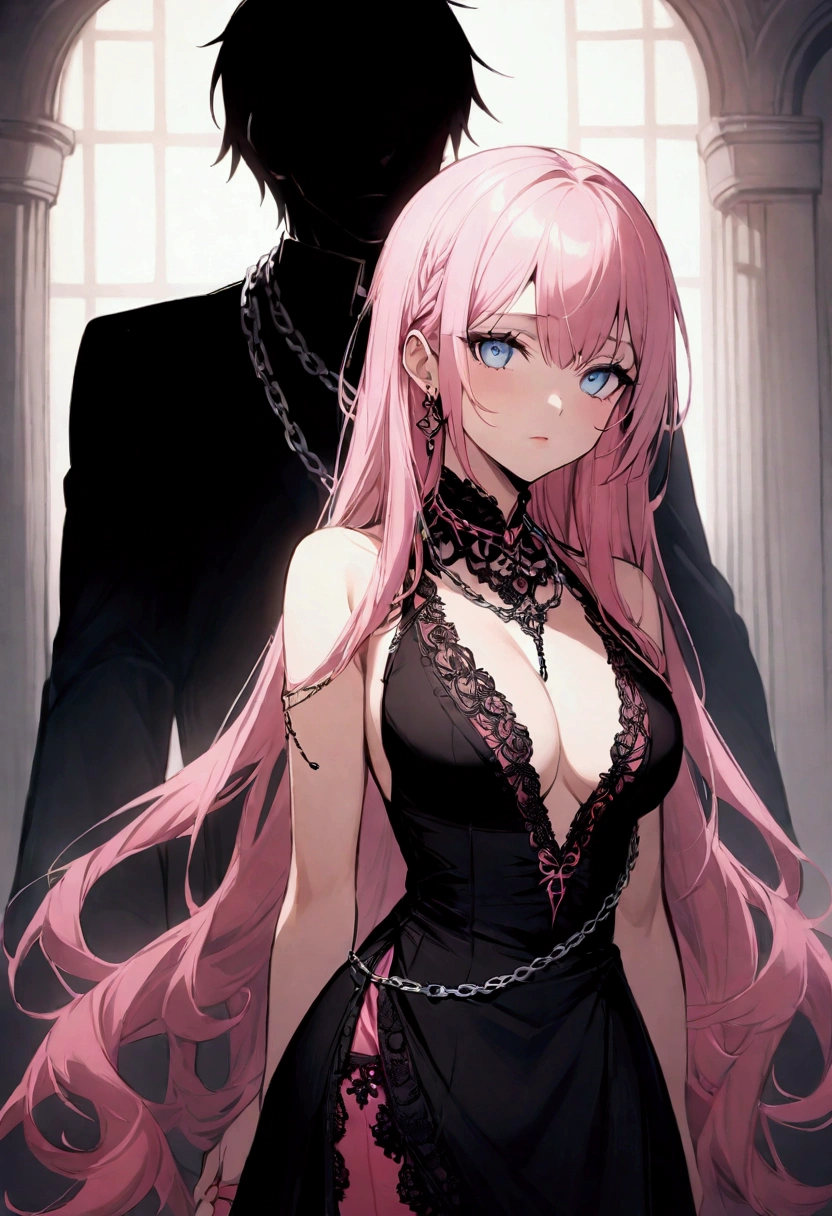 Girl with pink color hair、blue eyes、With a middle-aged male slave on a chain around his neck