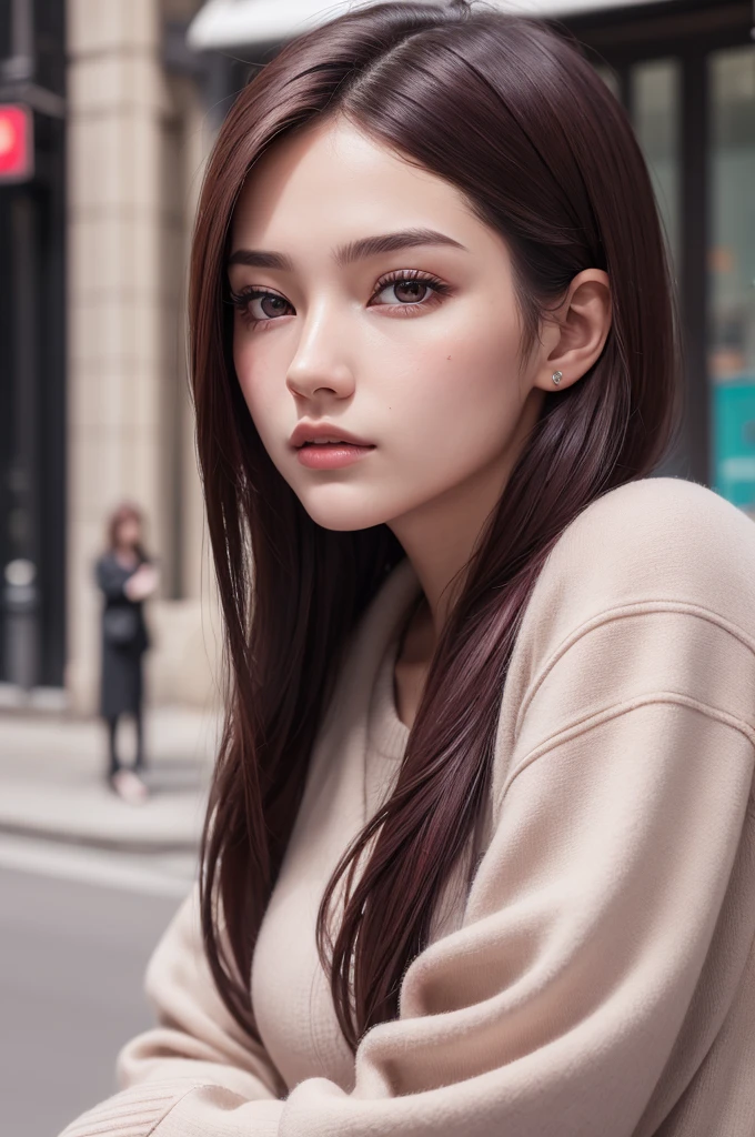 ((best qualityer)), ((work of art)), (detailded), face perfect , 20-year-old woman, lot of details, ultra realist, maroon, in street