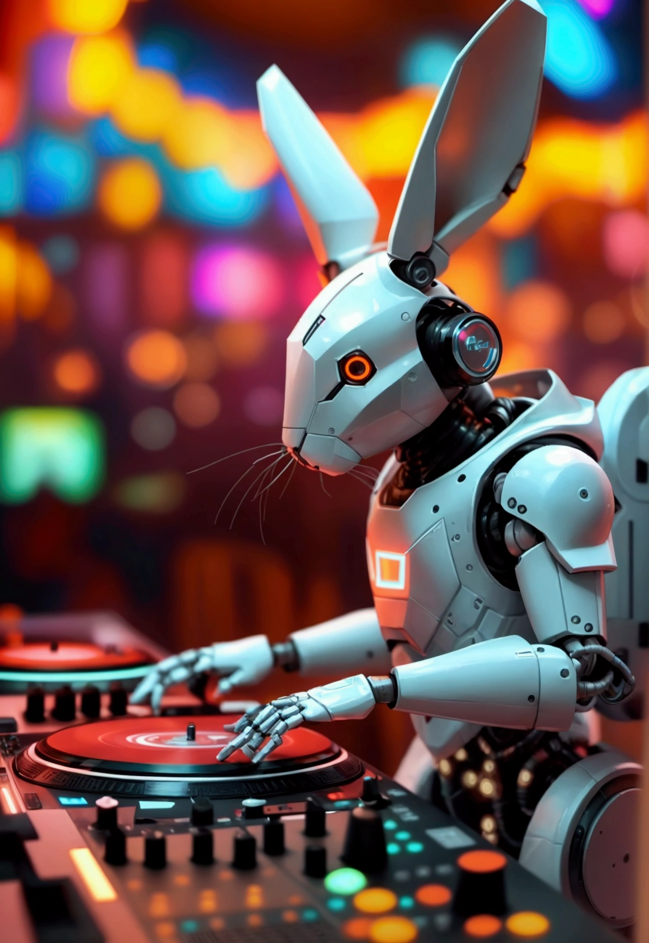 robot rabbit, White color, masculine, humanoid, in a club playing a turntable and dj mixer,
