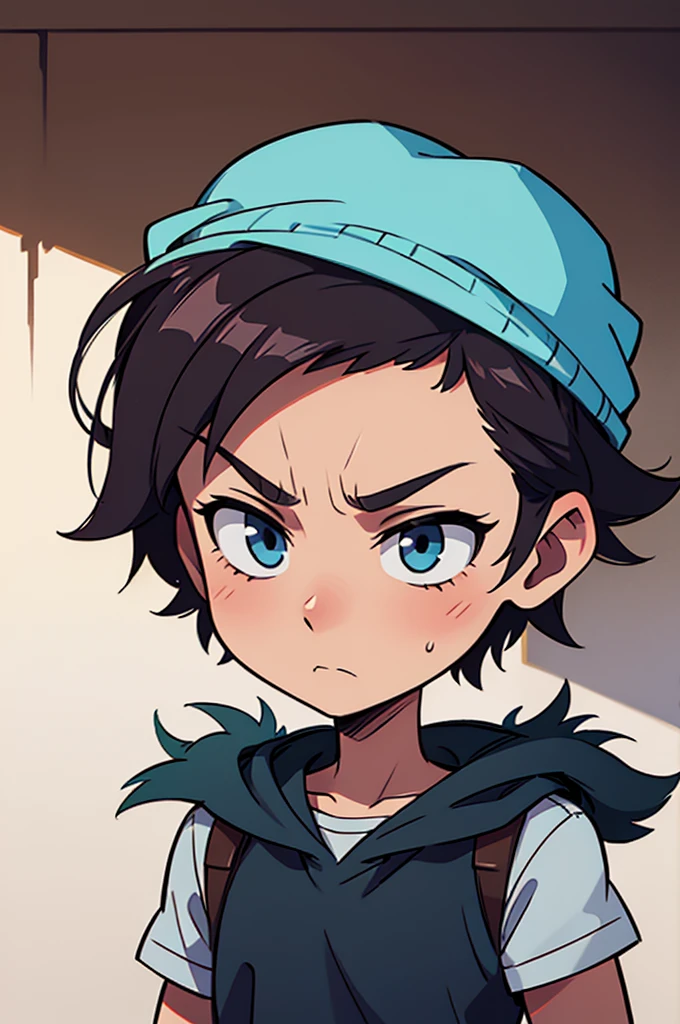 Indie game art, Simpler, minimalistic, sad looking boy, Messy hair