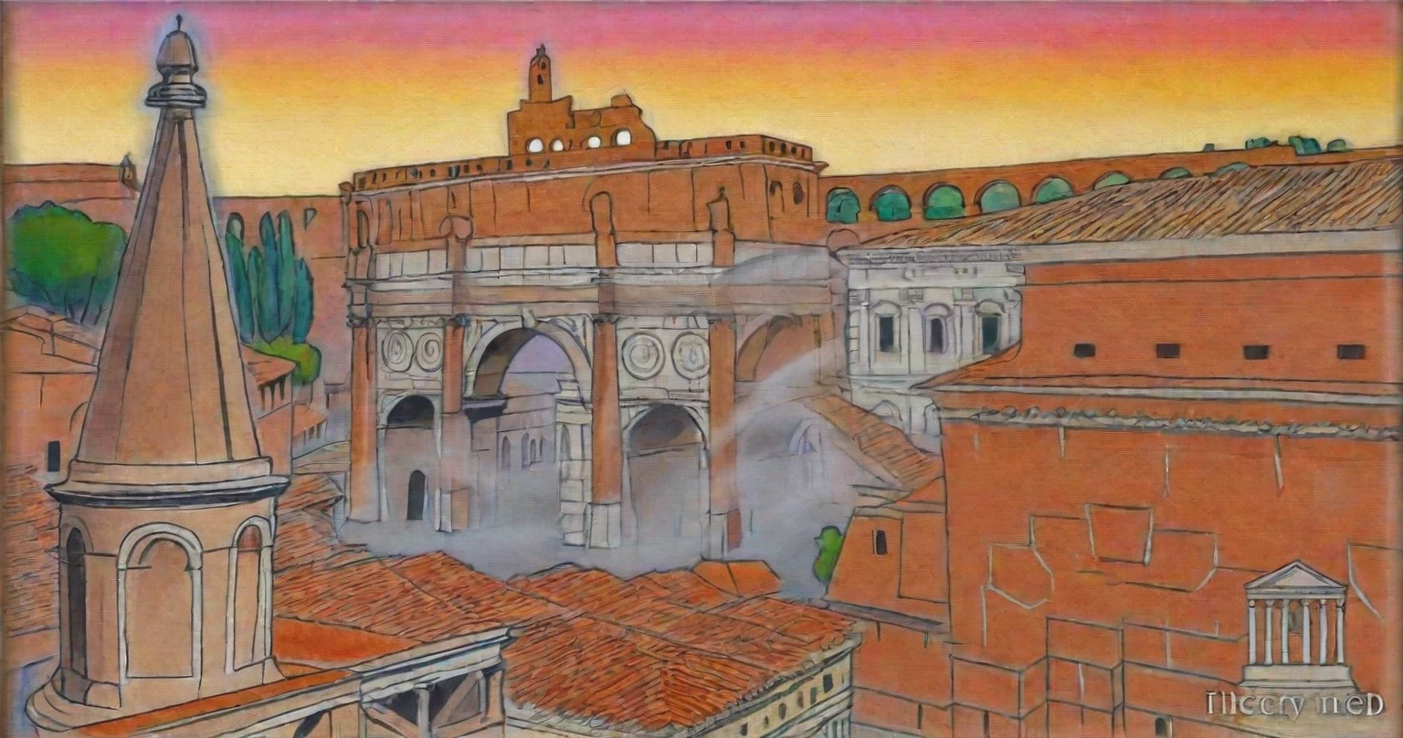 arafed view of a city with a lot of buildings and a clock tower, roman city, rome, ancient rome, rome in background, eternal city, roma, roman monuments, ancient roman setting, rome backdrop, roman historic works, market in ancient rome, old roman style, colosseo, city ruins in the background, ancient roman style, view from slightly above