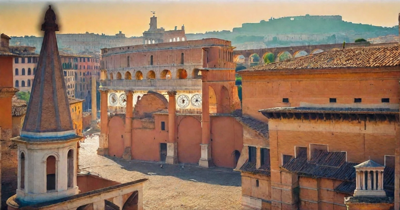 arafed view of a city with a lot of buildings and a clock tower, roman city, rome, ancient rome, rome in background, eternal city, roma, roman monuments, ancient roman setting, rome backdrop, roman historic works, market in ancient rome, old roman style, colosseo, city ruins in the background, ancient roman style, view from slightly above