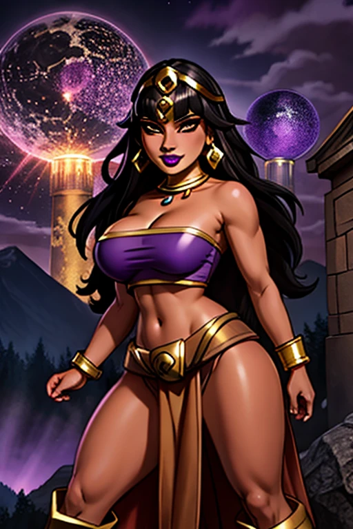 (best quality:1.3), (4K quality),masterpiece, best quality, high res, detailed, (Detailed face:1.2), (Detailed eyes:1.2), (Perfect figure:1.2), Fantasy style, Fantasy environment, solo, 1girl, BREAK 25 year old woman, sorceress, (Dark skin:1.5), (merge Chel with Tharja and Tiona Hiryute), purple hair, wavy hair, long hair, purple eyes, mascaras purple eyeshadow, smile, purple lipstick, covered in tattoos, medium breasts, waist, slender legs, attractive body, slim figure, perfect shape, (Wearing: golden headpiece, golden bracer, golden necklace, purple strapless top, purple loincloth, pelvic curtain, golden armbands, golden knee-high boots:1.3), BREAK highly detailed costume with intricate designs, looking at viewer, she's looking at the camera with an thrilled and confident smile, both hands glowing bright purple, purple magic, bright purple sparks in both hands, expressive expression, dark and mysterious aura, complex eye makeup, mystical energy radiating from her hands, electric purple orbs swirling around her, beautifully contoured face, fierce and confident posture, dark and dramatic lighting, vivid colors, intense purple and magenta color palette, individual spheres spinning at different speeds, translucent orbs emitting purple sparks, tracing of rays throughout the scene, illuminating the woman's silhouette with a mesmerizing glow, breathtaking visual effects, captivating and enchanting portrait, impressive level of detail in the woman's eyes and expression, attention to every intricate detail, BREAK (Night time, outdoors, stone temple, stone structures in the surroundings, dark clouds in the sky, purple lighting, gorgeous view of the mountainous valley)
