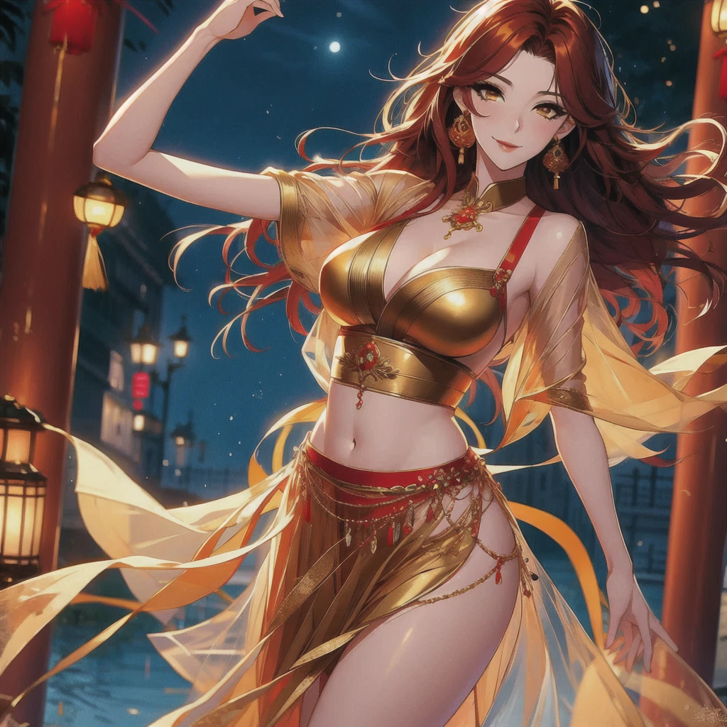 (masterpiece, best quality: 1.2), 1 female, solo, dancing alone, Xian Mei, unique golden eyes, long red curly hair, jewelry, perfect anatomy, perfect body, traditional belly dance dress, medieval China, sexy, hot, beautiful background, belly dance, dance, beautiful dance,
