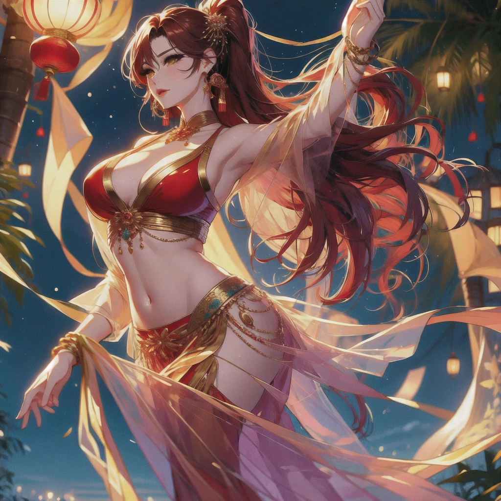 (masterpiece, best quality: 1.2), 1 female, solo, dancing alone, Xian Mei, unique golden eyes, long red curly hair, jewelry, perfect anatomy, perfect body, traditional belly dance dress, medieval China, sexy, hot, beautiful background, belly dance, dance, beautiful dance,