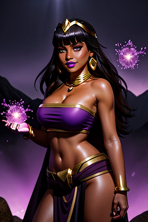 (best quality:1.3), (4K quality),masterpiece, best quality, high res, detailed, (Detailed face:1.2), (Detailed eyes:1.2), (Perfect figure:1.2), Fantasy style, Fantasy environment, solo, 1girl, BREAK 25 year old woman, sorceress, (Dark skin:1.5), (merge Chel with Tharja and Tiona Hiryute), purple hair, wavy hair, long hair, purple eyes, mascaras purple eyeshadow, smile, purple lipstick, covered in tattoos, medium breasts, waist, slender legs, attractive body, slim figure, perfect shape, (Wearing: golden headpiece, golden bracer, golden necklace, purple strapless top, purple loincloth, pelvic curtain, golden armbands, golden knee-high boots:1.3), BREAK highly detailed costume with intricate designs, looking at viewer, she's looking at the camera with an thrilled and confident smile, both hands glowing bright purple, purple magic, bright purple sparks in both hands, expressive expression, dark and mysterious aura, complex eye makeup, mystical energy radiating from her hands, electric purple orbs swirling around her, beautifully contoured face, fierce and confident posture, dark and dramatic lighting, vivid colors, intense purple and magenta color palette, individual spheres spinning at different speeds, translucent orbs emitting purple sparks, tracing of rays throughout the scene, illuminating the woman's silhouette with a mesmerizing glow, breathtaking visual effects, captivating and enchanting portrait, impressive level of detail in the woman's eyes and expression, attention to every intricate detail, BREAK (Night time, outdoors, stone temple, stone structures in the surroundings, dark clouds in the sky, purple lighting, gorgeous view of the mountainous valley)
