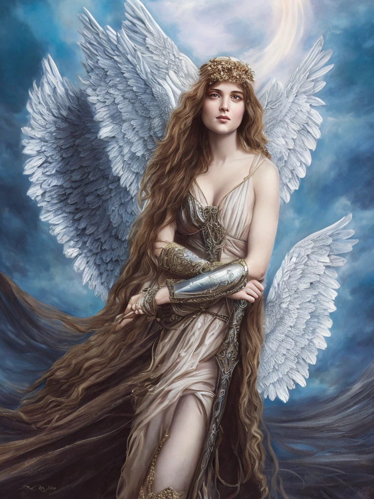 Pre-Raphaelite portrait of a young androgynous archangel with long white hair, wearing intricate armor, glorious atmosphere, intricate details, strong textures, high-quality, high definition, by Annie Stegg