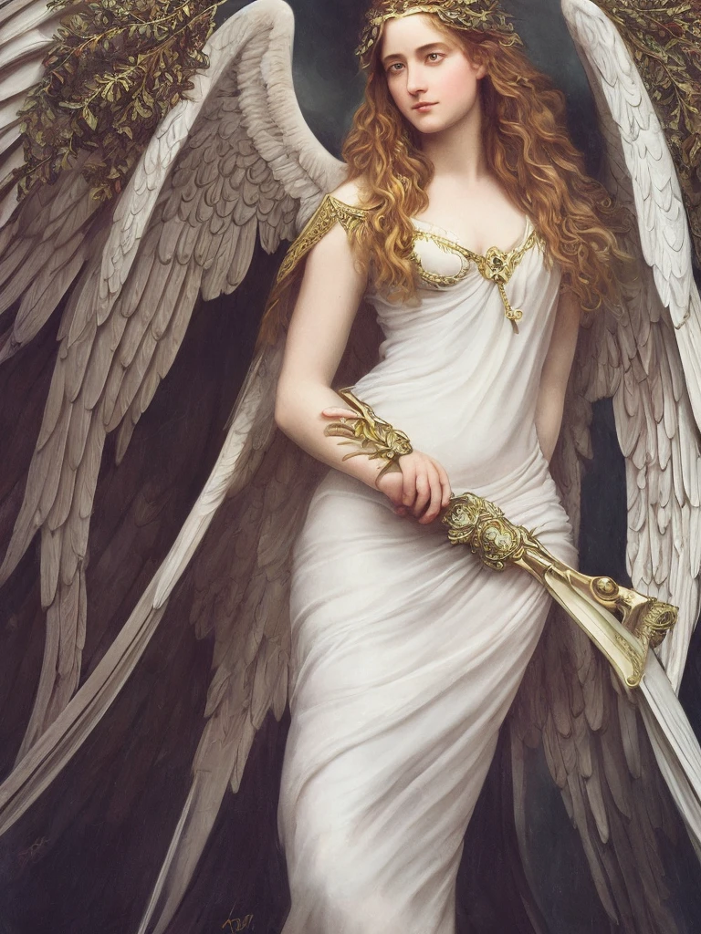 Pre-Raphaelite portrait of a young androgynous archangel with long white hair, wearing intricate armor, glorious atmosphere, intricate details, strong textures, high-quality, high definition, by Annie Stegg