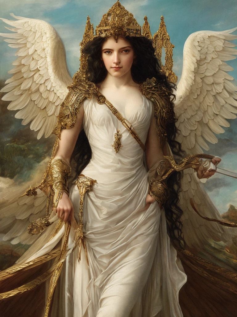 Pre-Raphaelite portrait of a young androgynous archangel with long white hair, wearing intricate armor, glorious atmosphere, intricate details, strong textures, high-quality, high definition, by Annie Stegg