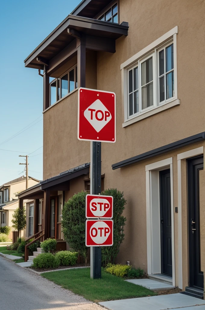 A stop sign that says Stop and down a line properties and where the stop comes out is with houses or buildings the formation of the letters