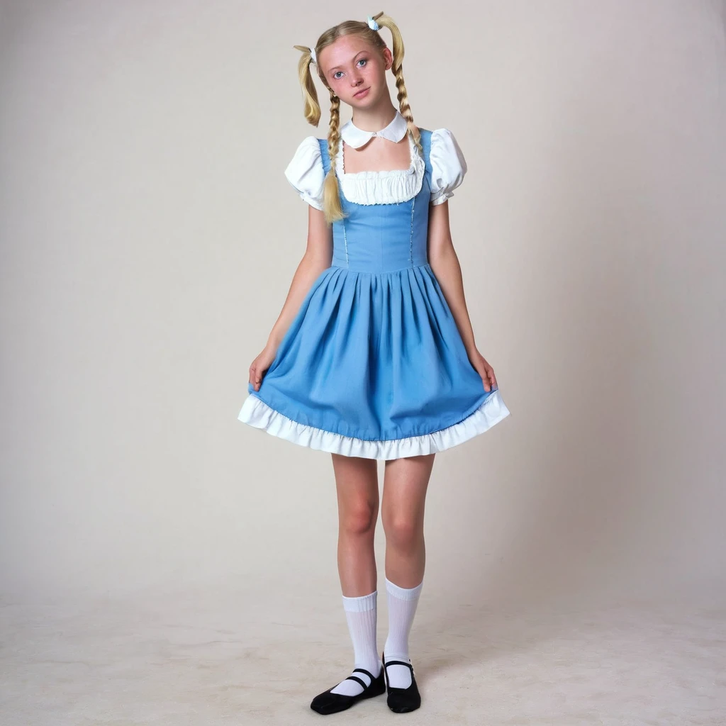 lifelike, high - resolution, 2 full body, skinny, skinny sexy teenage girl with a perfect body, Masterpiece,  girl, blonde hair, pigtails, blue eyes, sweaty, 17th century dress, 1600s clothes, pokie flat chest, knees exposed, Alice in wonderland, pretty feet, perfect feet, perfect toes, detailed feet