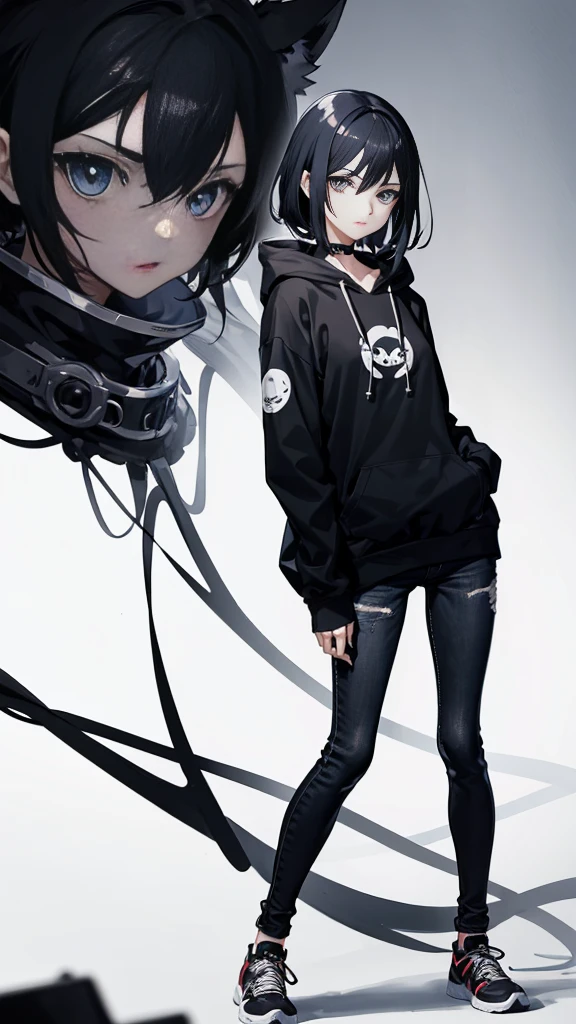 1girl, anime style, skinny body, Anime young girl wearing black hoodie, skinny jeans, black hair, grey blue eyes colour, detailed, 8k, high quality,