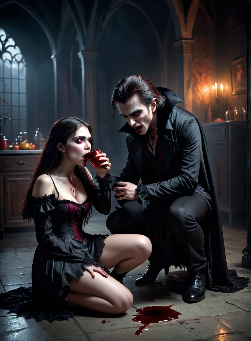 a vampire man crouching next to an attractive human teenage woman, girl in torn clothing, vampire drinking blood from girl, girl is afraid, girl is human, highly detailed, hyper realistic, 8k, photorealistic, masterpiece, dramatic lighting, chiaroscuro, dark fantasy, moody atmosphere, cinematic, gothic horror, woman is food for vampire