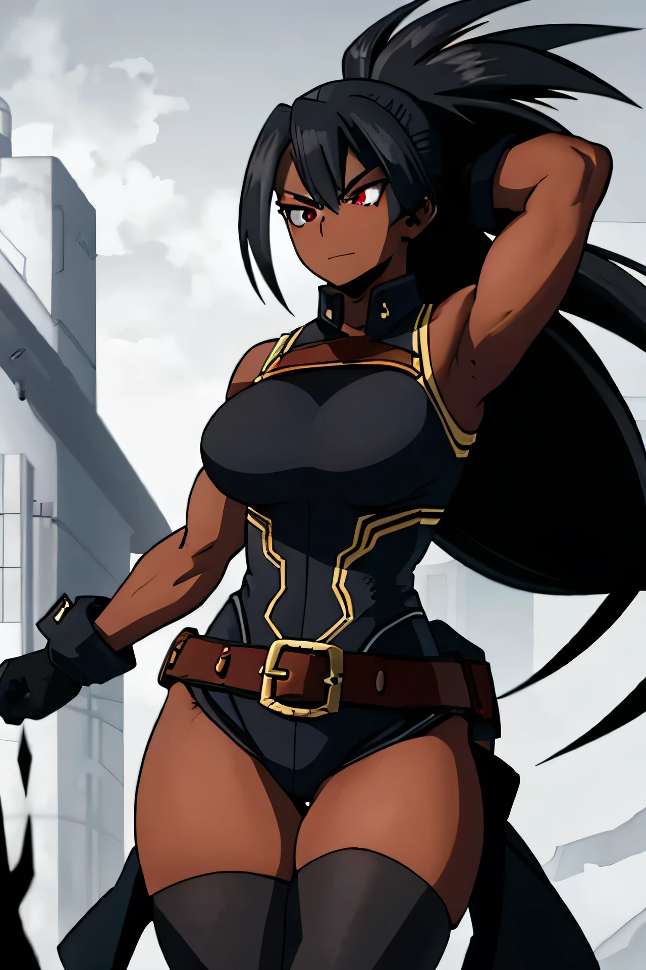 Dark-skinned woman with red eyes, fairly long black hair with a ponytail, strong body and somewhat large thighs and chest, wearing a black and gray hero costume Sleeveless, up to the neck with black stockings with Black with gray, brown gloves and a belt, along with two dark red wings on its back