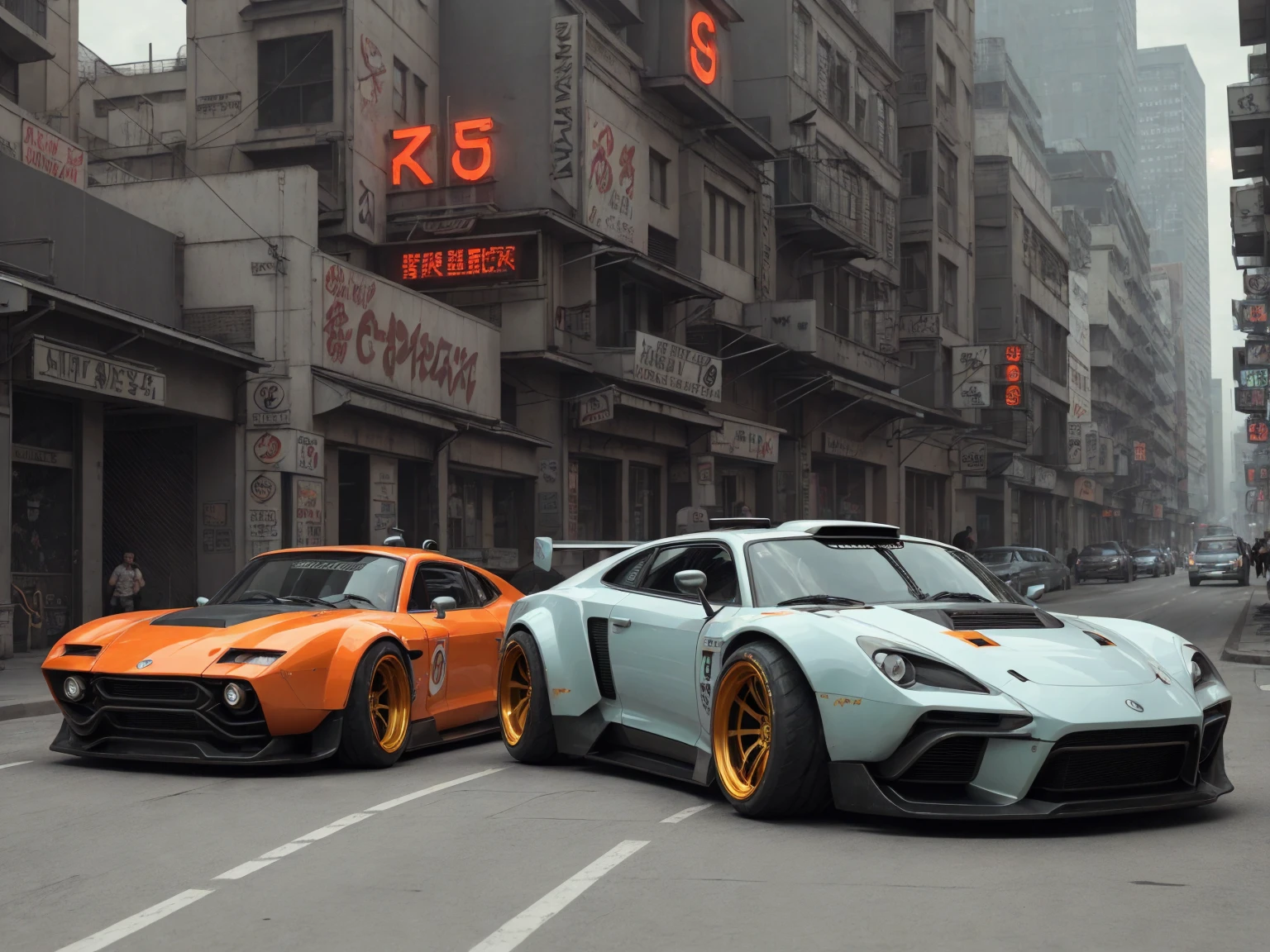 a 3/4 front view of ((futuristic cyberpunk hotrod zeekars)) (with glowing tires), at the street in a colorfull city, low, streamlined, sporty, metalic gray deep orange and pastel green, colors, backround, flat thin lights, wide tires, black rims